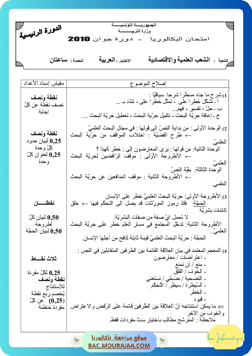 Corrigé principale arabe Bac 2010 – Section info